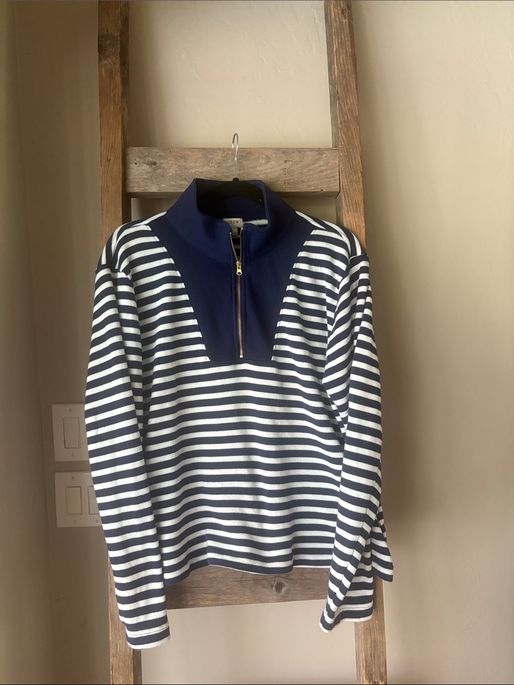 J Crew sweatshirt womens Large navy blue white striped pullover 1/4 zip
